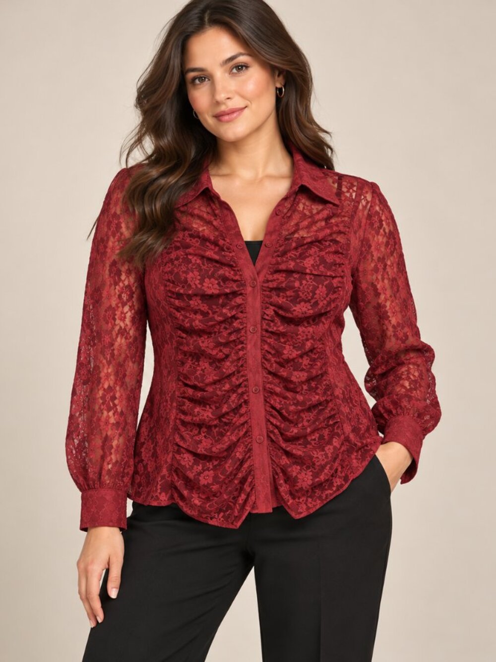 Moda International Burgundy Sheer Floral Lace Ruched Blouse XL